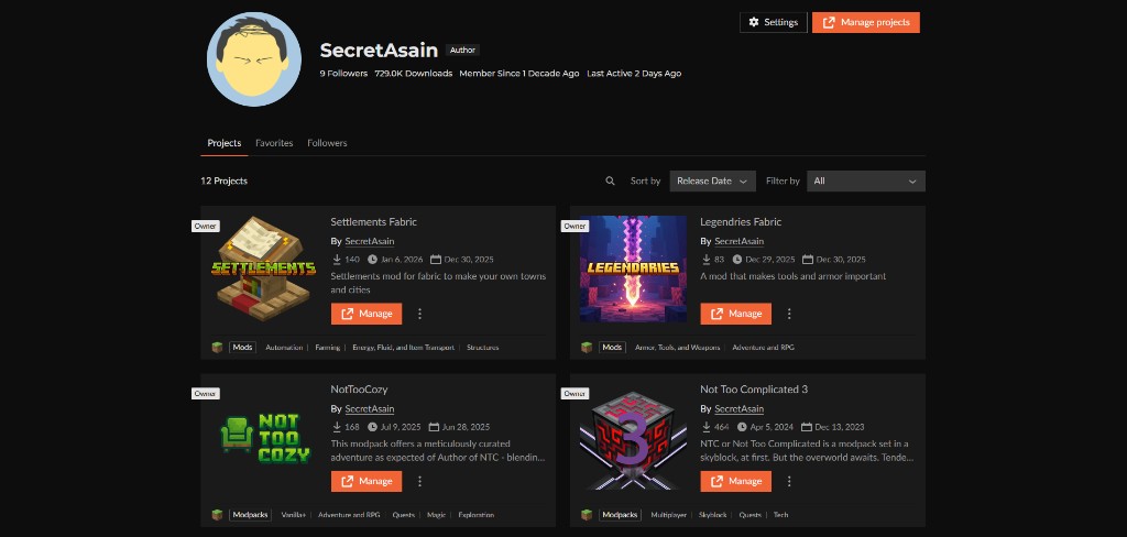 CurseForge author profile: SecretAsain — Minecraft mods and modpacks